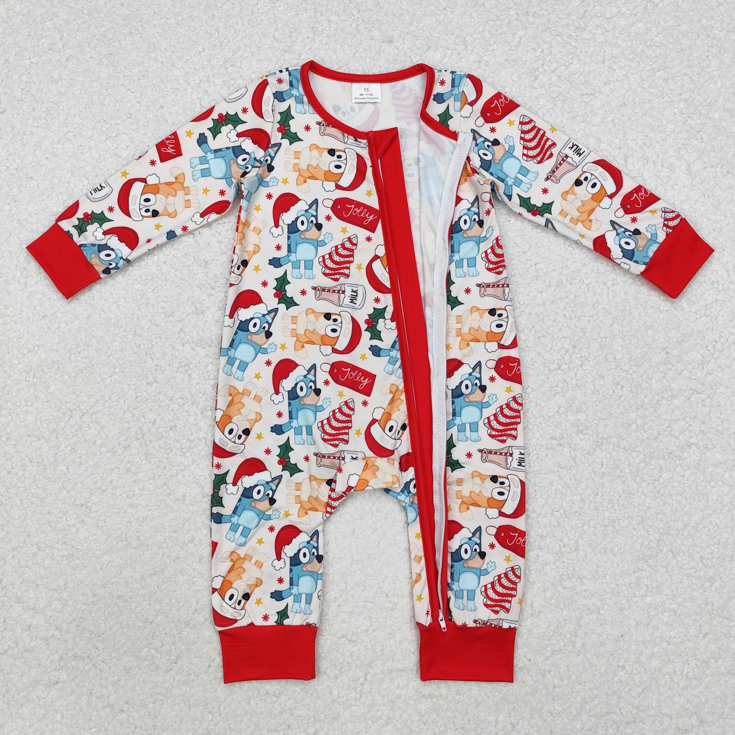 LR1684 Cartoon Dog Milk Holly Print Baby Boys Christmas Sleeper Zipper Romper