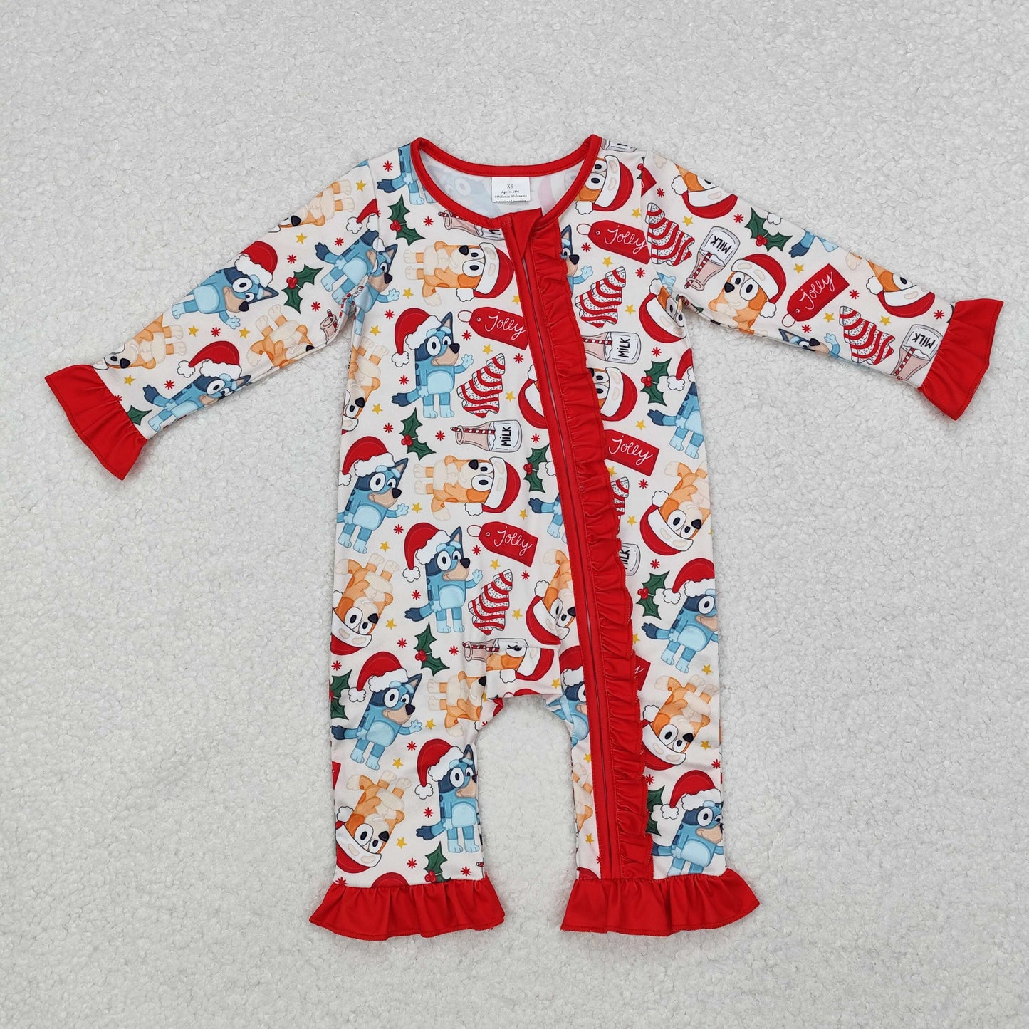 LR1685 Cartoon Dog Milk Holly Print Baby Girls Christmas Sleeper Zipper Romper