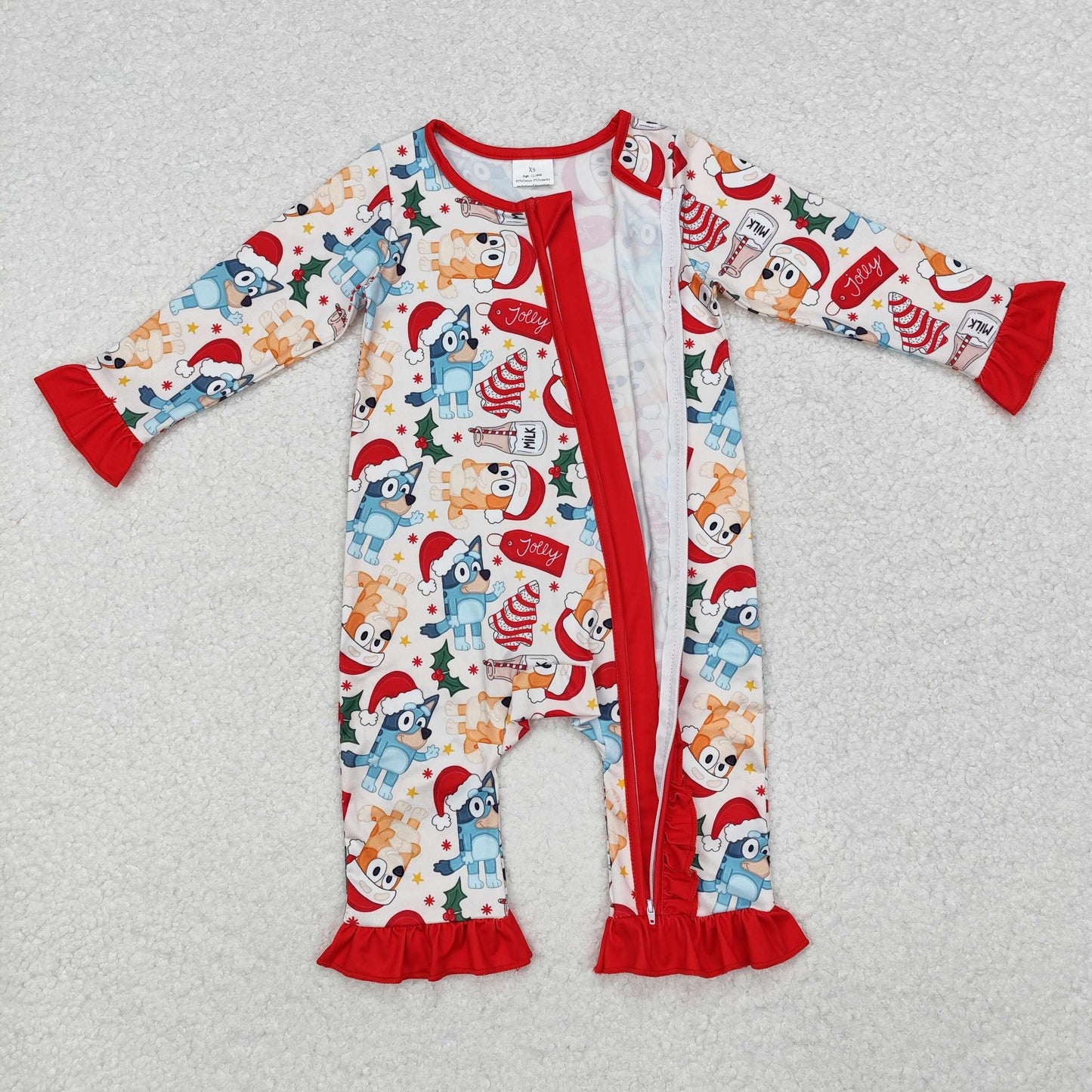 LR1685 Cartoon Dog Milk Holly Print Baby Girls Christmas Sleeper Zipper Romper