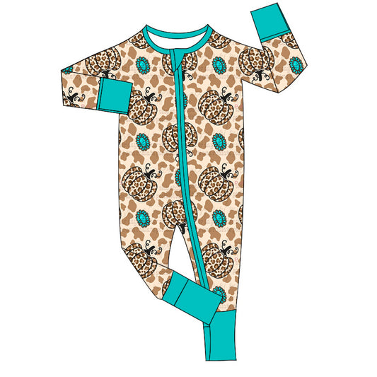 (Pre-order)LR1688 Pumpkin Leopard Turquoise Print Baby Fall Sleeper Zipper Romper