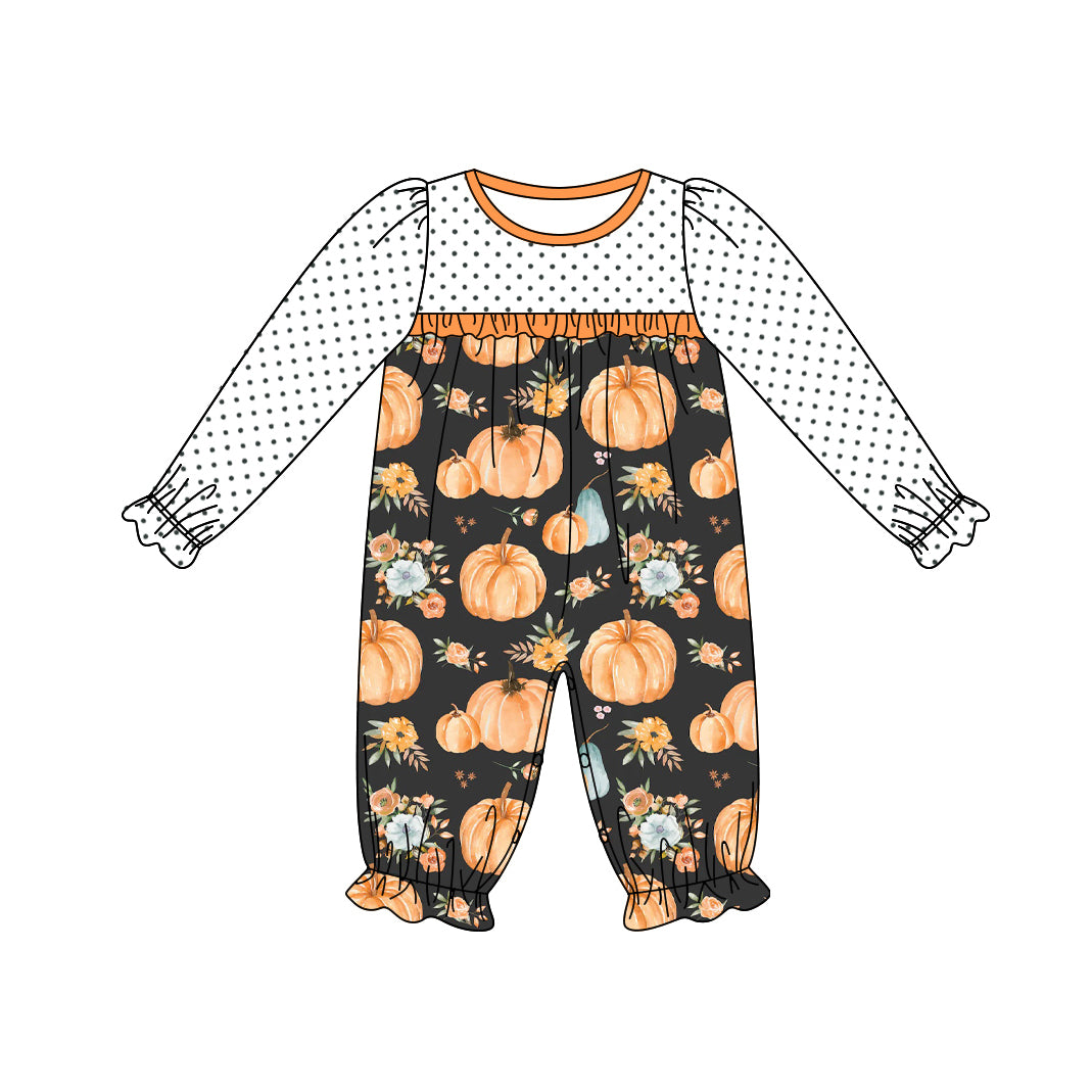 (Pre-order)LR1691 Pumpkin Flowers Print Baby Girls Fall Romper