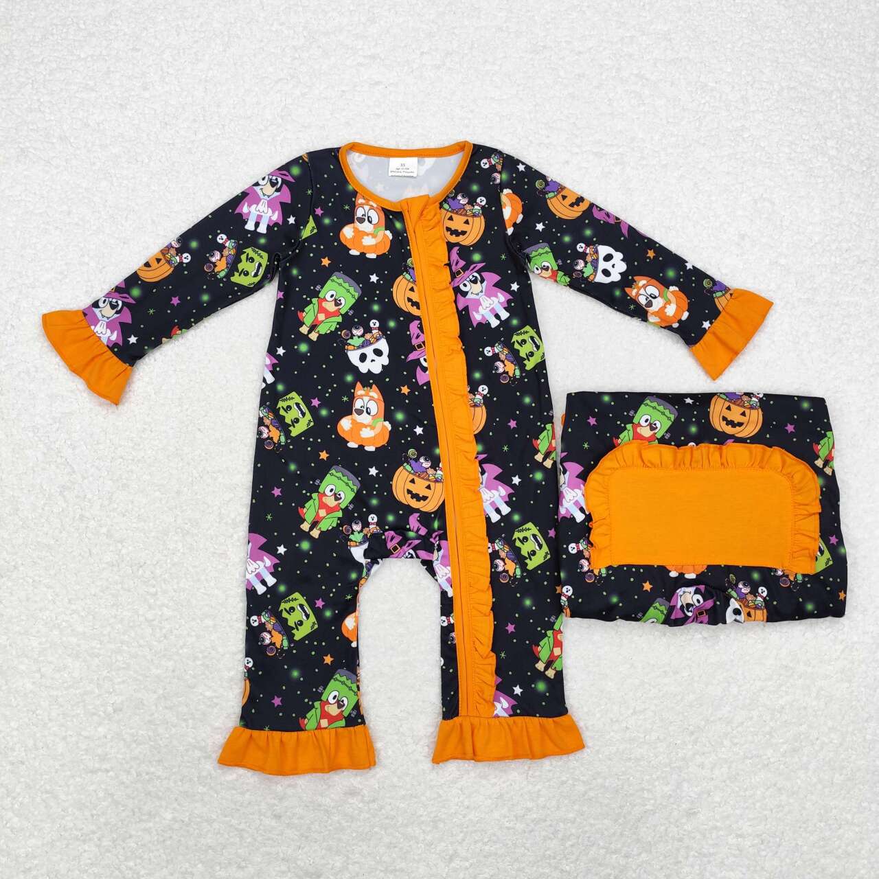 LR1694 Cartoon Dog Pumpkin Print Baby Girls Halloween Sleeper Zipper Romper