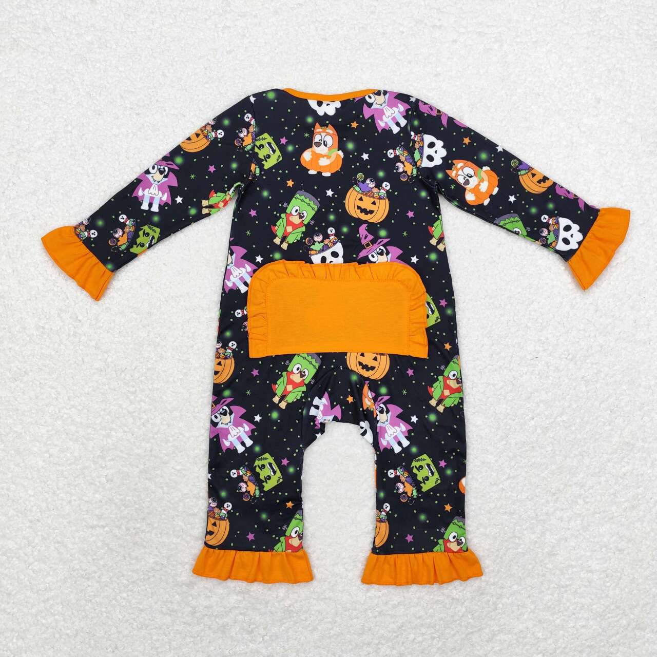 LR1694 Cartoon Dog Pumpkin Print Baby Girls Halloween Sleeper Zipper Romper