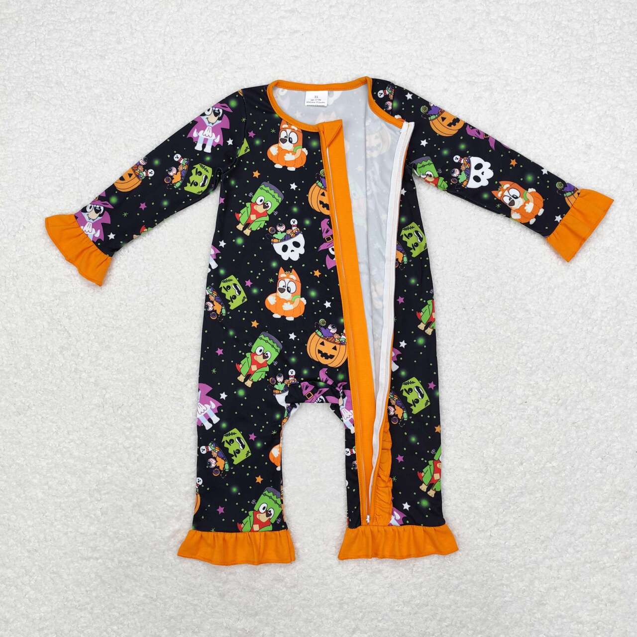 LR1694 Cartoon Dog Pumpkin Print Baby Girls Halloween Sleeper Zipper Romper