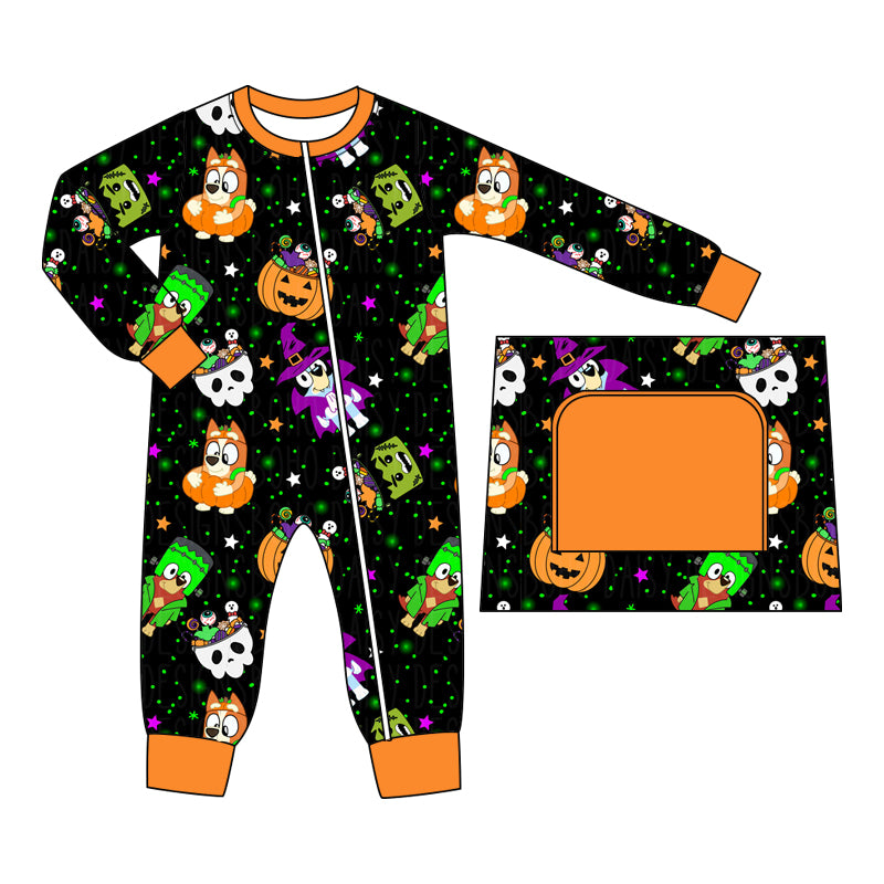 (Pre-order)LR1695 Cartoon Dog Pumpkin Print Baby Boys Halloween Sleeper Zipper Romper