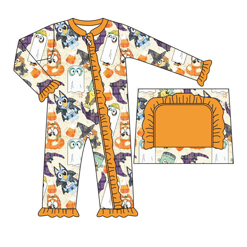 (Pre-order)LR1696 Cartoon Dog Candy Print Baby Girls Halloween Sleeper Zipper Romper