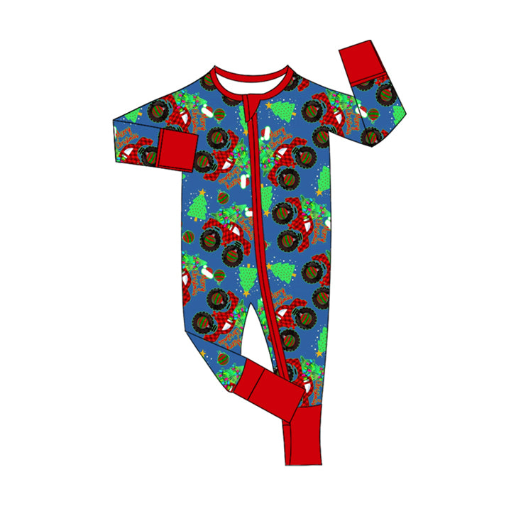 (Pre-order)LR1698 Monster Trucks Christmas Tree Print Baby Sleeper Zipper Romper