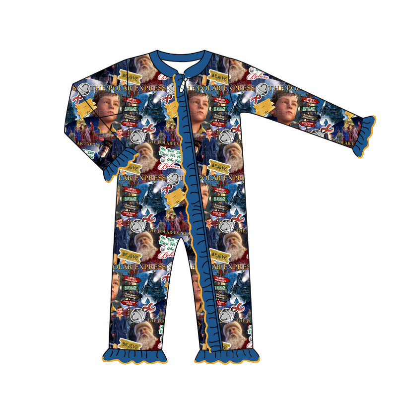 (Pre-order)LR1701 Polar Express Print Baby Girls Christmas Sleeper Zipper Romper