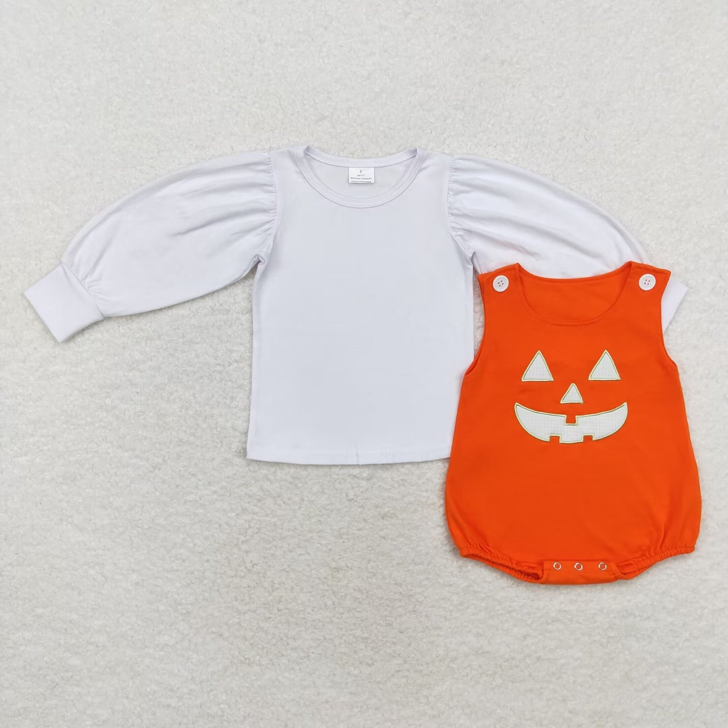 LR1702 White Top Ghost Face Embroidery Orange Romper Baby Girls 2 Pieces Halloween Clothes Set