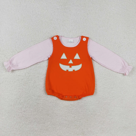 LR1703 Pink Plaid Top Ghost Face Embroidery Orange Romper Baby Girls 2 Pieces Halloween Clothes Set