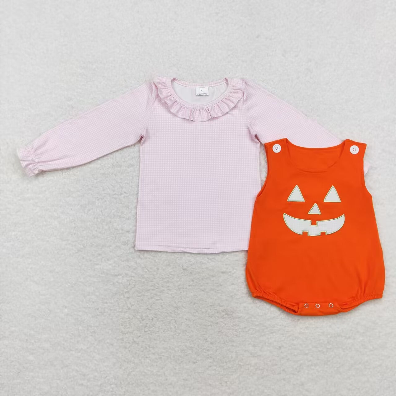 LR1703 Pink Plaid Top Ghost Face Embroidery Orange Romper Baby Girls 2 Pieces Halloween Clothes Set