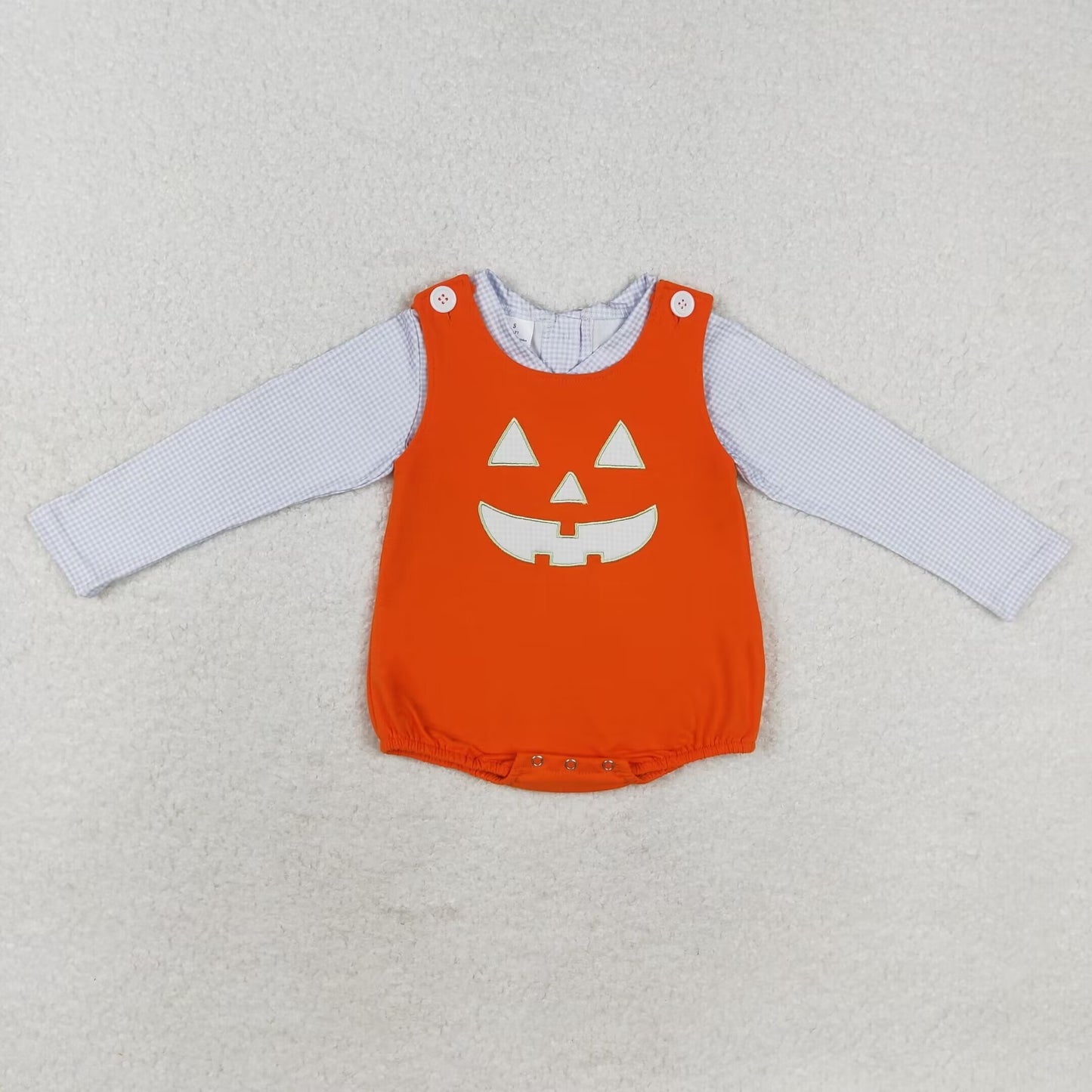 LR1704 Blue Plaid Top Ghost Face Embroidery Orange Romper Baby Boys 2 Pieces Halloween Clothes Set