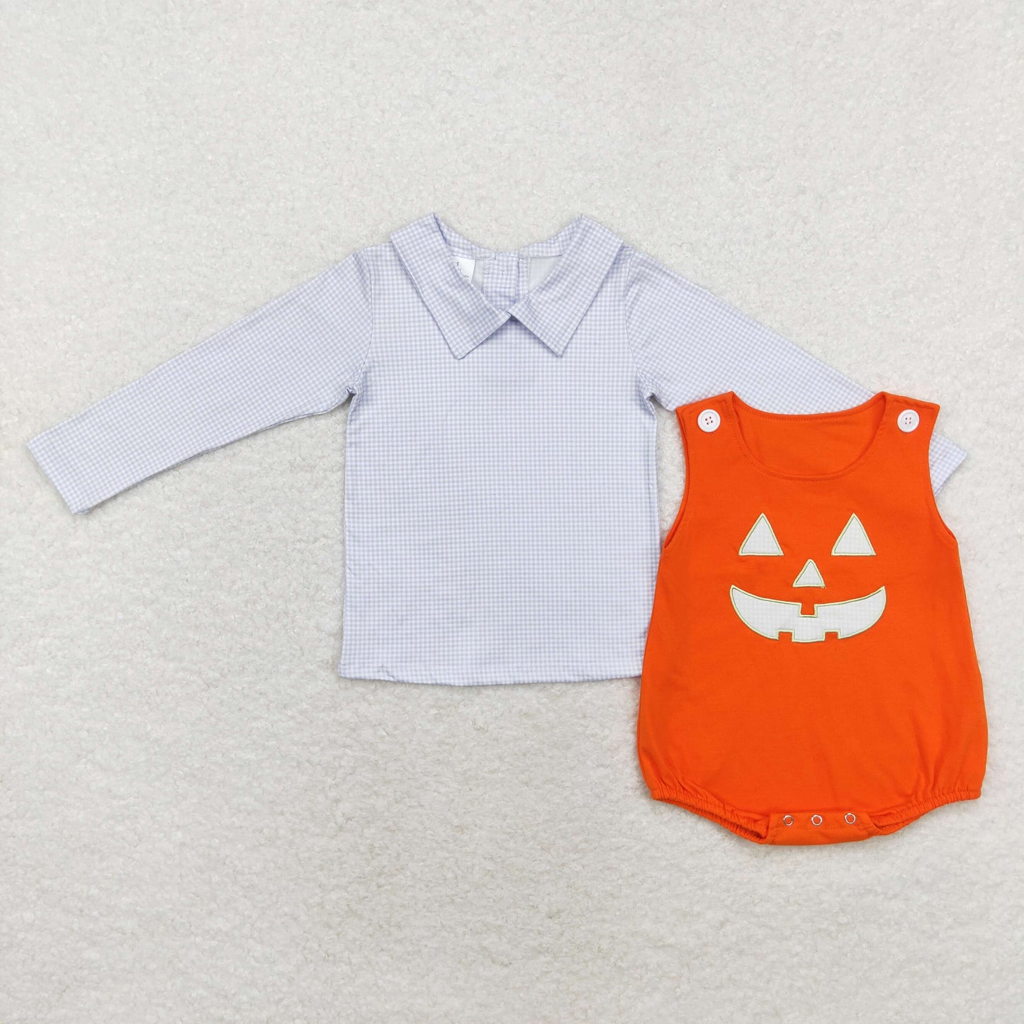 LR1704 Blue Plaid Top Ghost Face Embroidery Orange Romper Baby Boys 2 Pieces Halloween Clothes Set