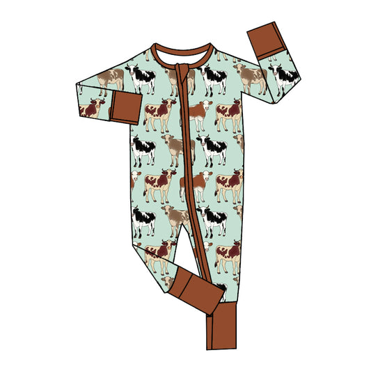 (Pre-order)LR1708 Cows Print Baby Fall Sleeper Zipper Romper