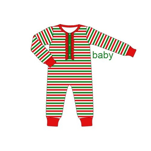 (Pre-order)LR1721 Red Green Stripes Print Baby Girls Christmas Romper