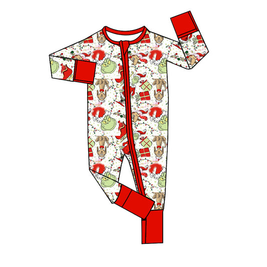 (Pre-order)LR1730 Green Frog Lights Print Baby Christmas Sleeper Zipper Romper