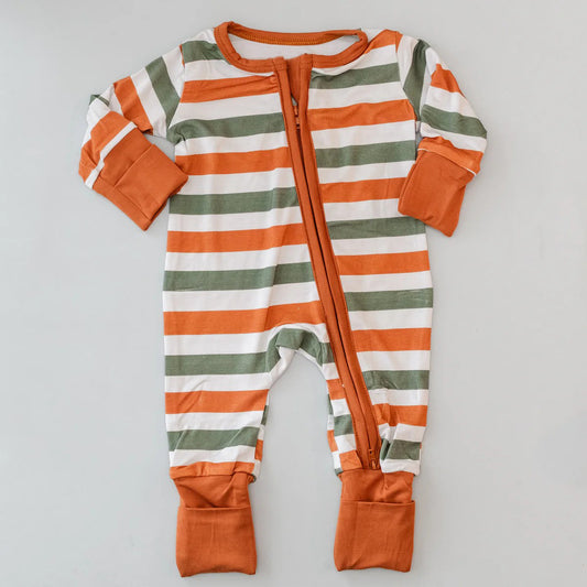 (Pre-order)LR1732 Brown Stripes Print Baby Fall Sleeper Zipper Romper