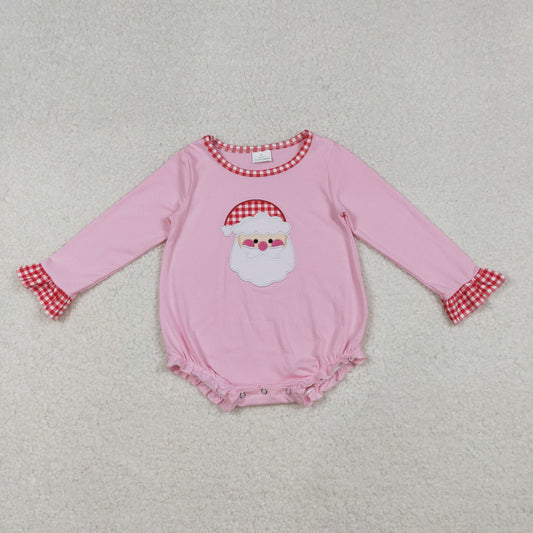 LR1733 Santa Embroidery Pink Baby Girls Christmas Bubble Romper