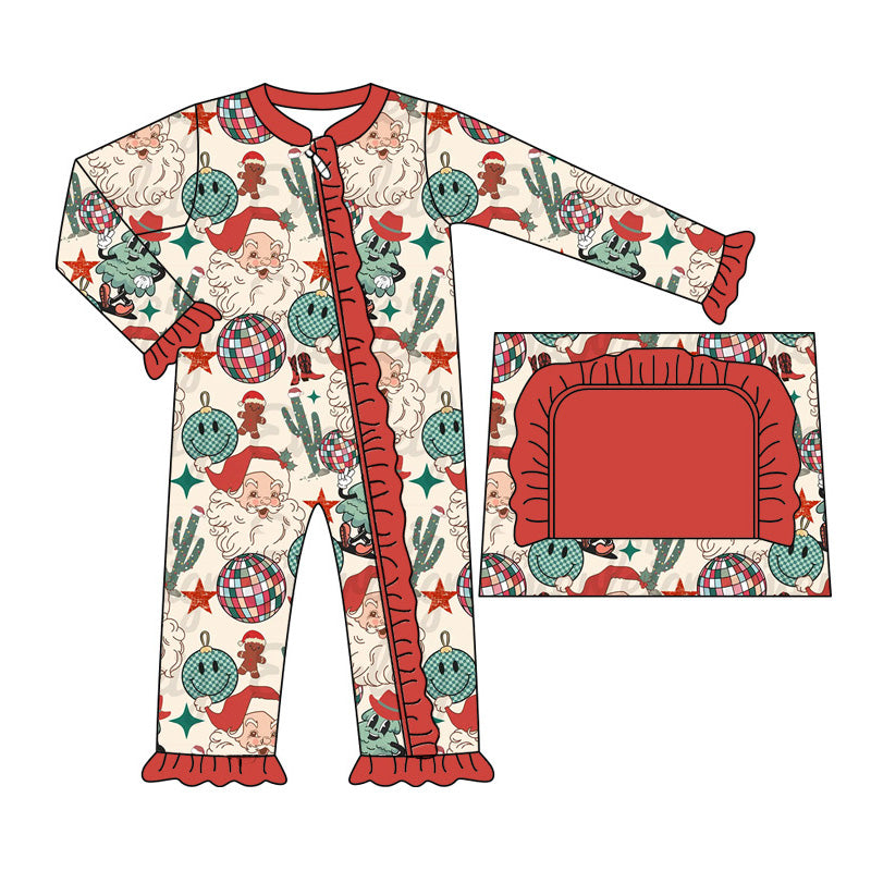 (Pre-order)LR1739 Santa Cactus Print Baby Girls Christmas Sleeper Zipper Romper