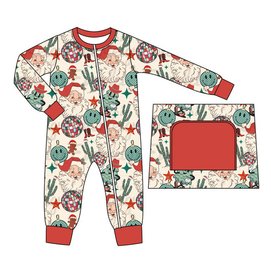 (Pre-order)LR1740 Santa Cactus Print Baby Boys Christmas Sleeper Zipper Romper