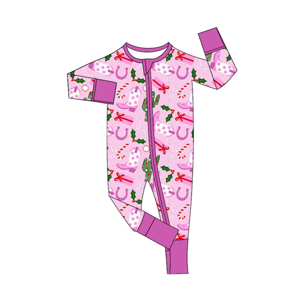 (Pre-order)LR1742 Cactus Boots Candy Cane Print Baby Girls Christmas Sleeper Zipper Romper