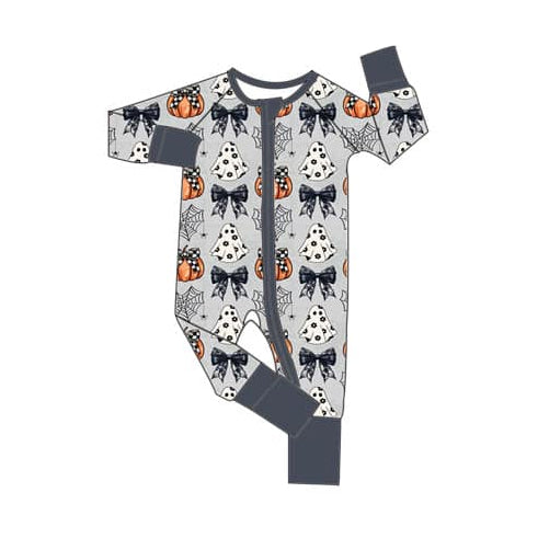 (Pre-order)LR1744 Ghost Pumpkin Bows Print Baby Girls Halloween Sleeper Zipper Romper