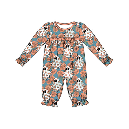 (Pre-order)LR1746 Ghost Flowers Print Baby Girls Halloween Romper