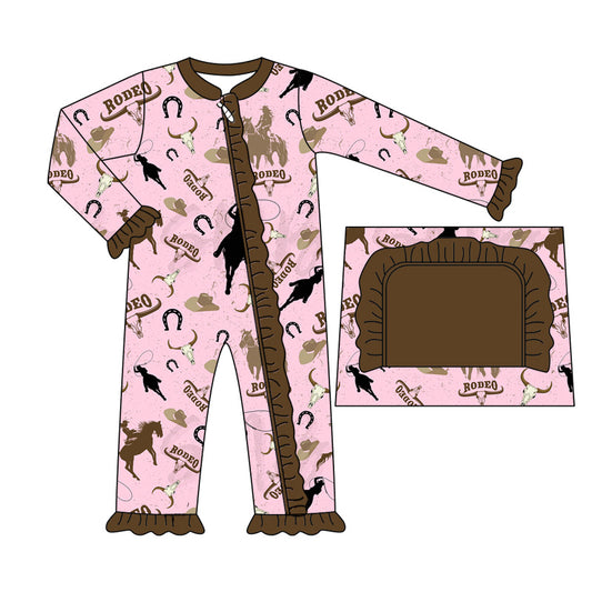 (Pre-order)LR1755 Rodeo Skull  Hat Pink Print Baby Girls Fall Western Sleeper Zipper Romper