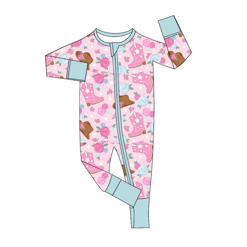 (Pre-order)LR1756 Boots Hat Flowers Pink Print Baby Girls Fall Western Sleeper Zipper Romper