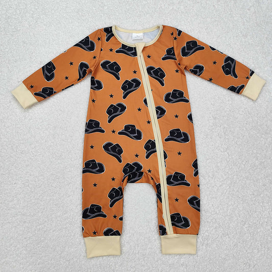 LR1758 Hat Brown Print Baby Boys Western Sleeper Zipper Romper