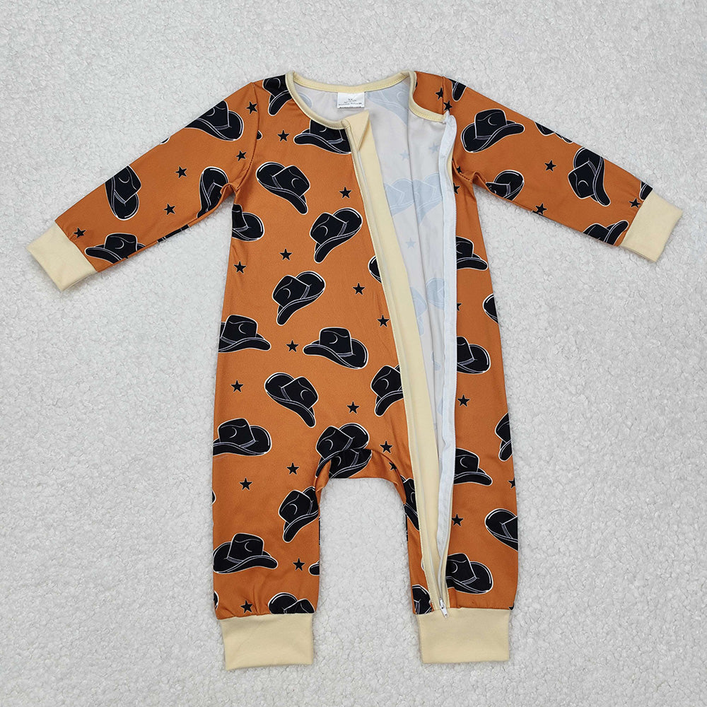 LR1758 Hat Brown Print Baby Boys Western Sleeper Zipper Romper