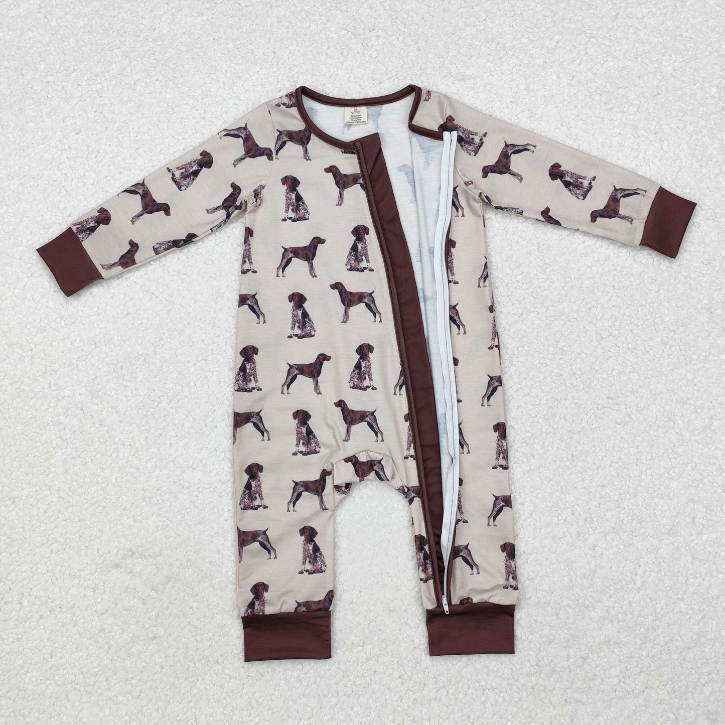 LR1759 Dog Brown Print Baby Boys Fall Bamboo Sleeper Zipper Romper