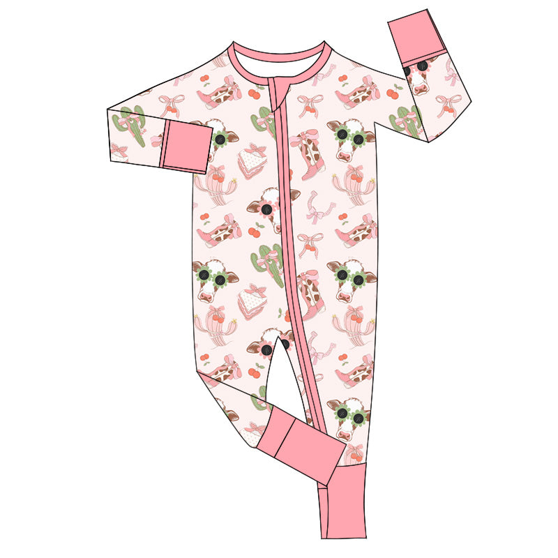 (Pre-order)LR1760 Boots Cows Cactus Pink Print Baby Girls Fall Western Sleeper Zipper Romper