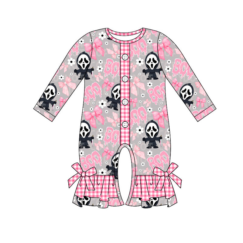 (Pre-order)LR1762 BOO Ghost Bows Pink Print Baby Girls Halloween Romper