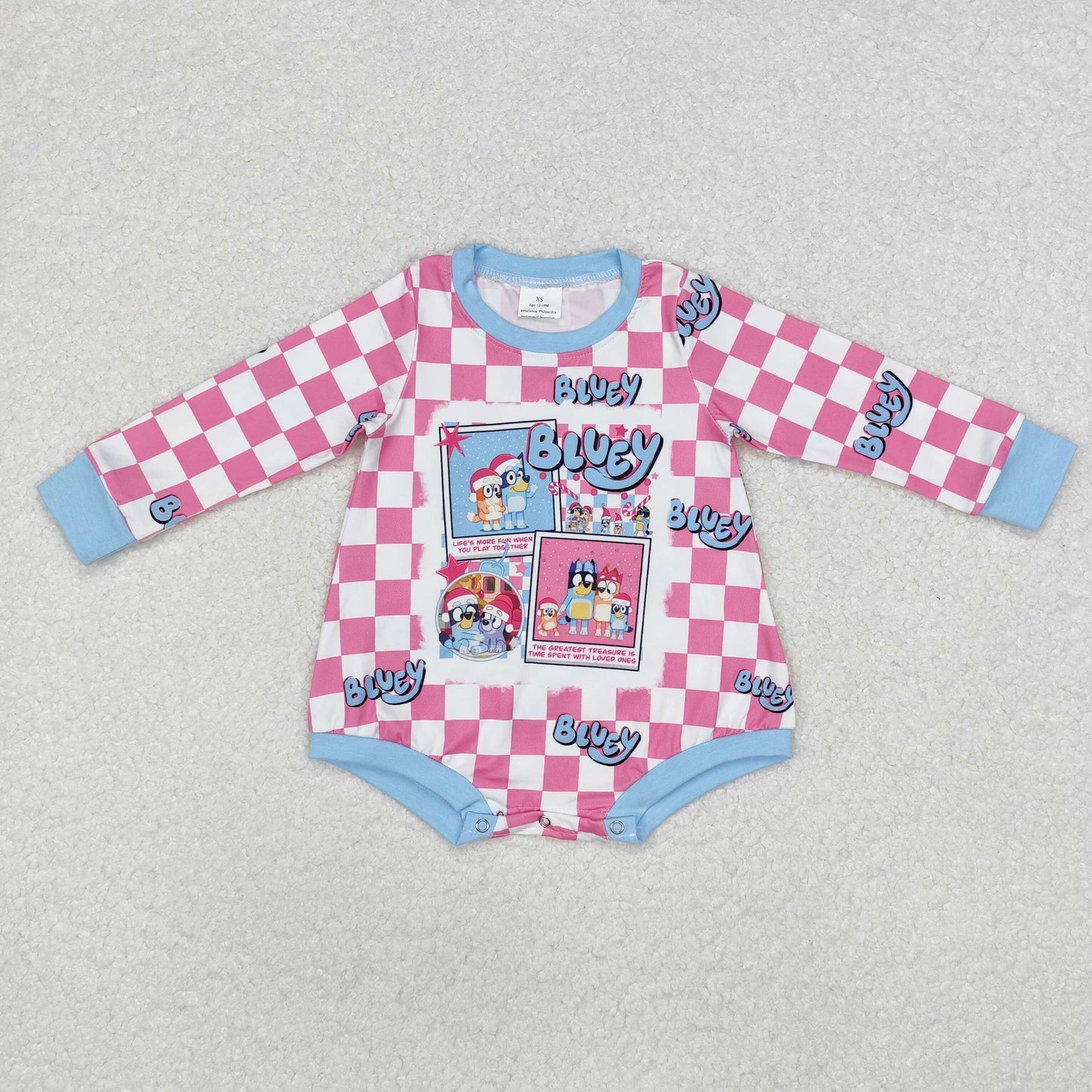 LR1764 Cartoon Dog Pink Plaid Print Baby Girls Christmas Romper