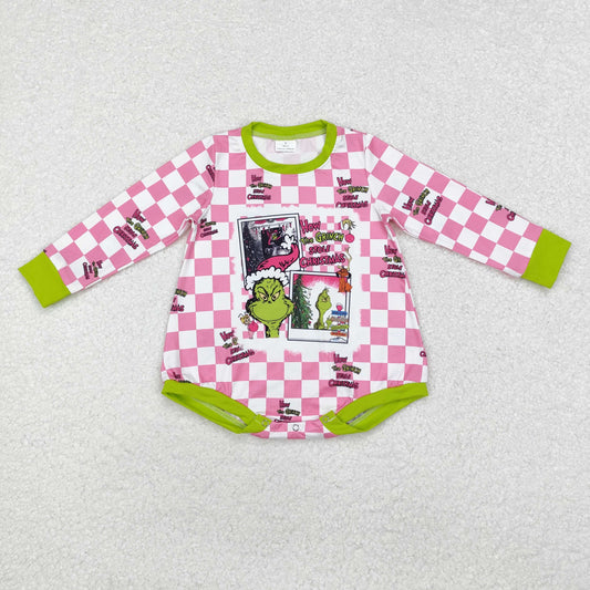 LR1765 Green Frog Pink Plaid Print Baby Girls Christmas Romper