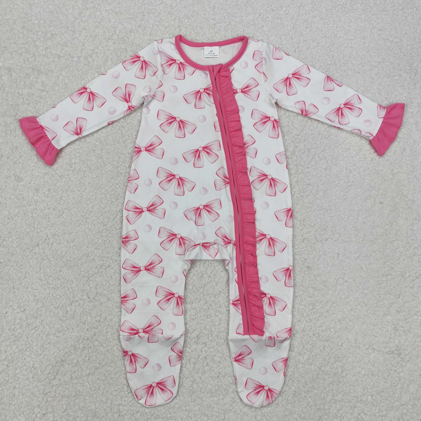 LR1770 Pink Bows Print Baby Girls Footed Sleeper Zipper Romper