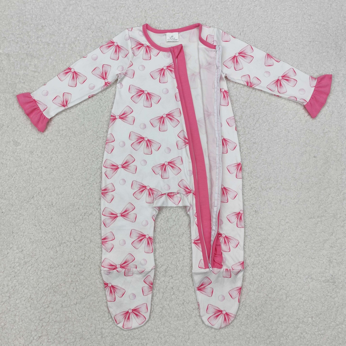 LR1770 Pink Bows Print Baby Girls Footed Sleeper Zipper Romper