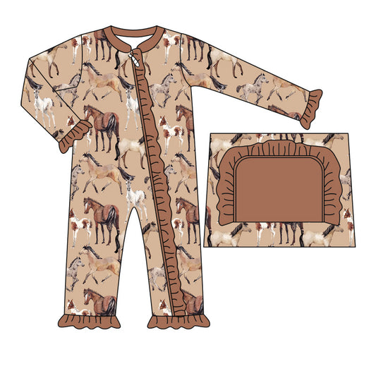 (Pre-order)LR1771 Horse Brown Print Baby Girls Fall Western Sleeper Zipper Romper