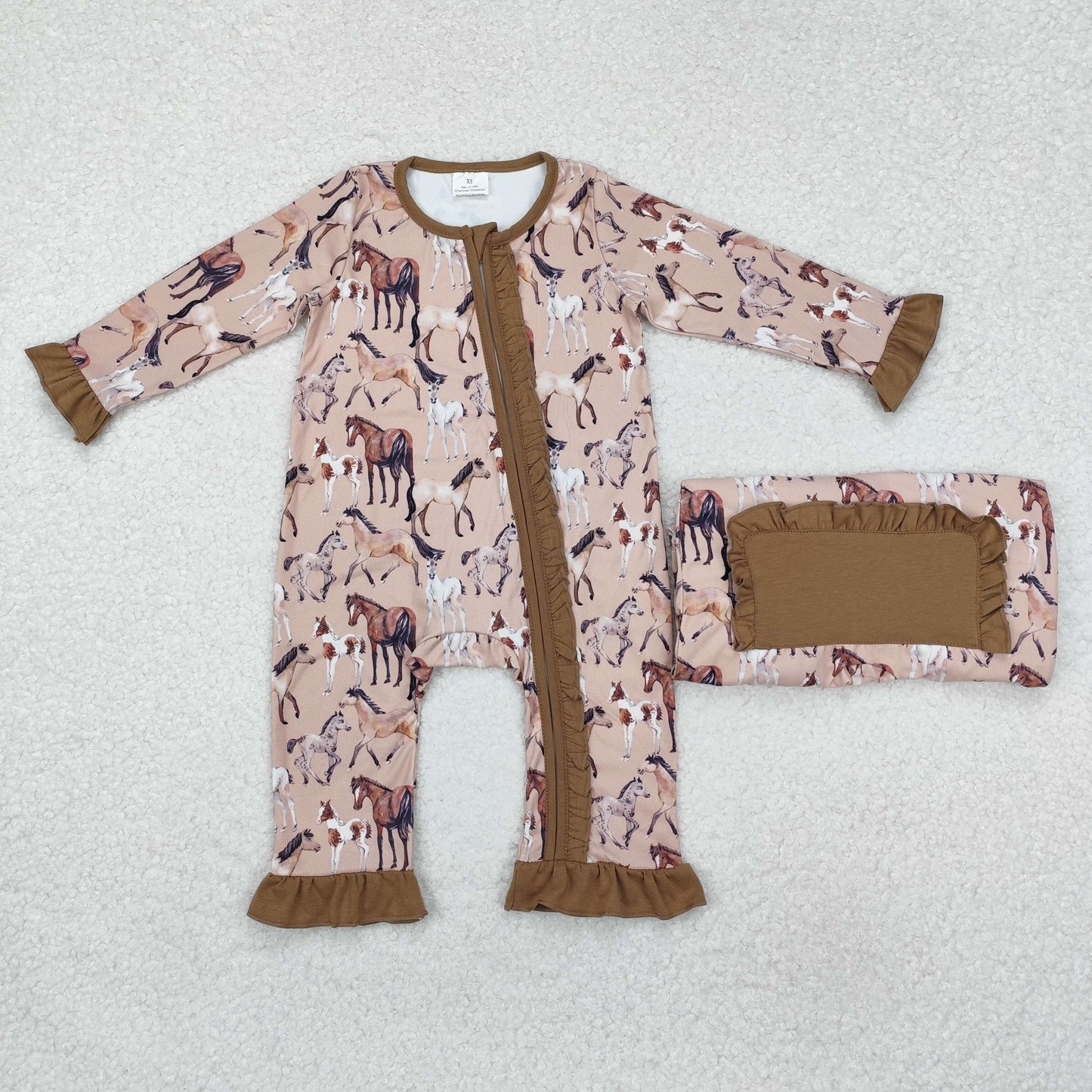 LR1771 Horse Brown Print Baby Girls Fall Western Sleeper Zipper Romper