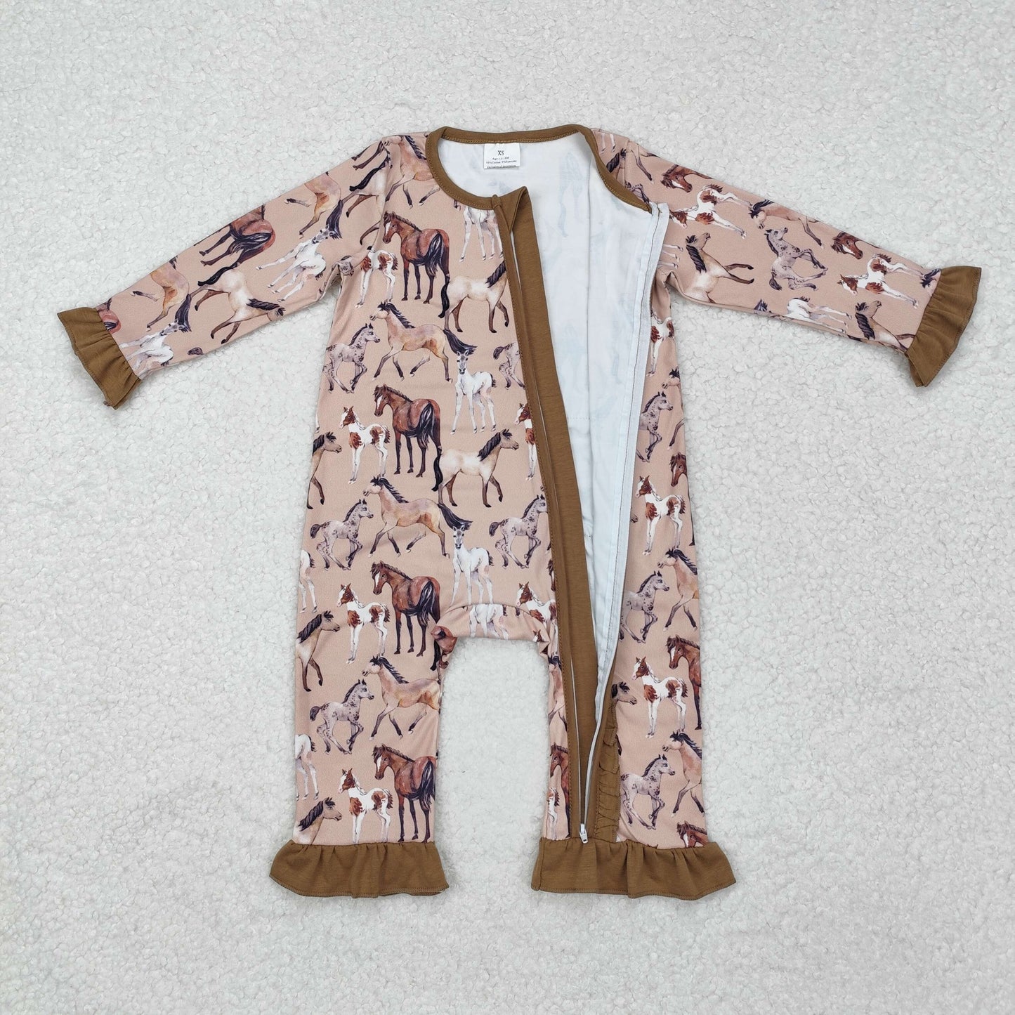 LR1771 Horse Brown Print Baby Girls Fall Western Sleeper Zipper Romper