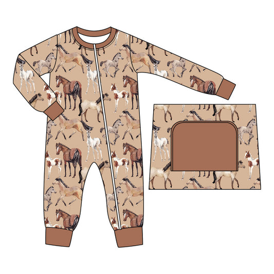 (Pre-order)LR1772 Horse Brown Print Baby Boys Fall Western Sleeper Zipper Romper