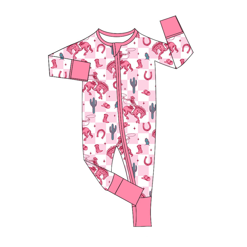 (Pre-order)LR1773 Rodeo Cactus Pink Plaid Print Baby Girls Western Sleeper Zipper Romper