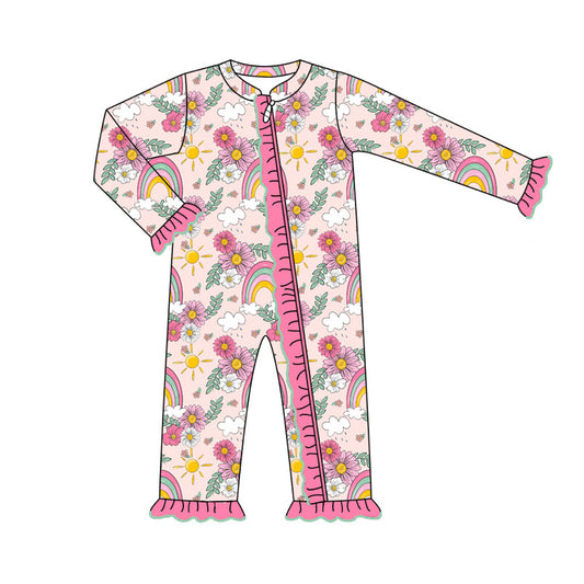 (Pre-order)LR1774 Flowers Rainbow Print Baby Girls Sleeper Zipper Romper