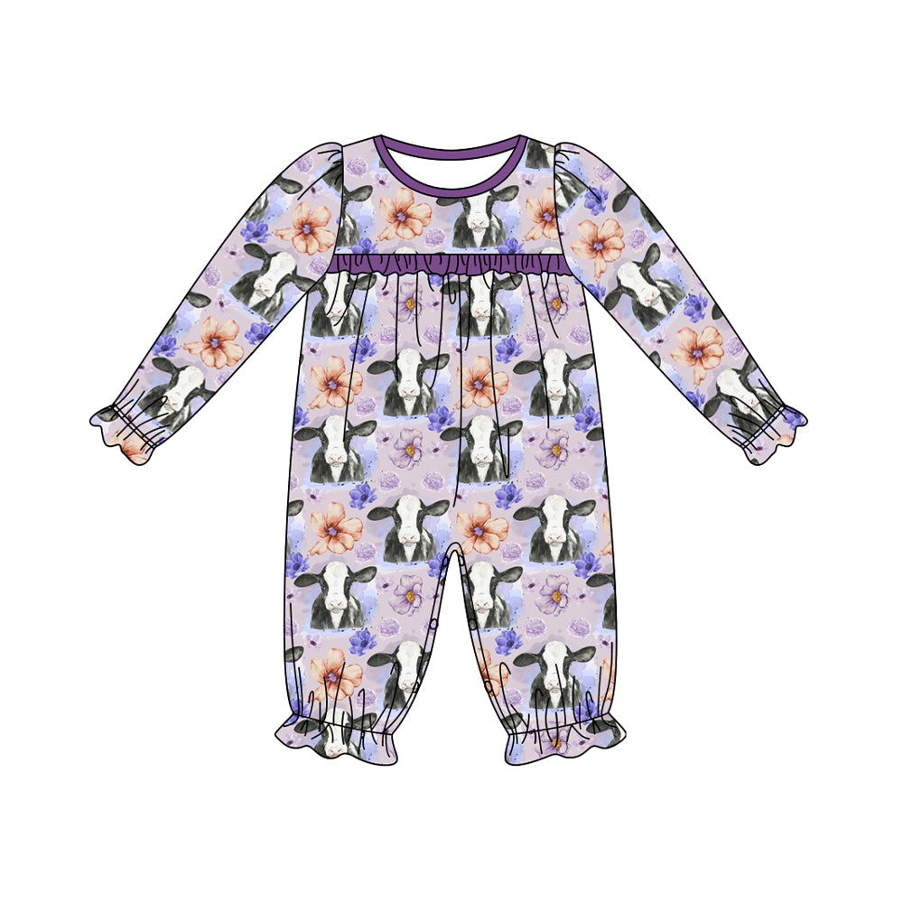 (Pre-order)LR1776 Cows Flowers Print Baby Girls Fall Romper