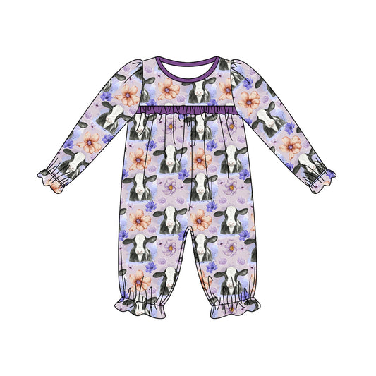 (Pre-order)LR1776 Cows Flowers Print Baby Girls Fall Romper