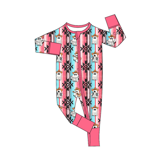 (Pre-order)LR1777 Ghost Aztec Pink Print Baby Girls Halloween Sleeper Zipper Romper