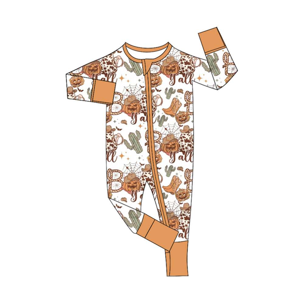 (Pre-order)LR1778 BOO y'all Pumpkin Boots Cactus Print Baby Halloween Western Sleeper Zipper Romper