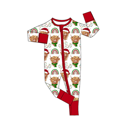 (Pre-order)LR1782 Highland Cow Rainbow Print Baby Christmas Sleeper Zipper Romper