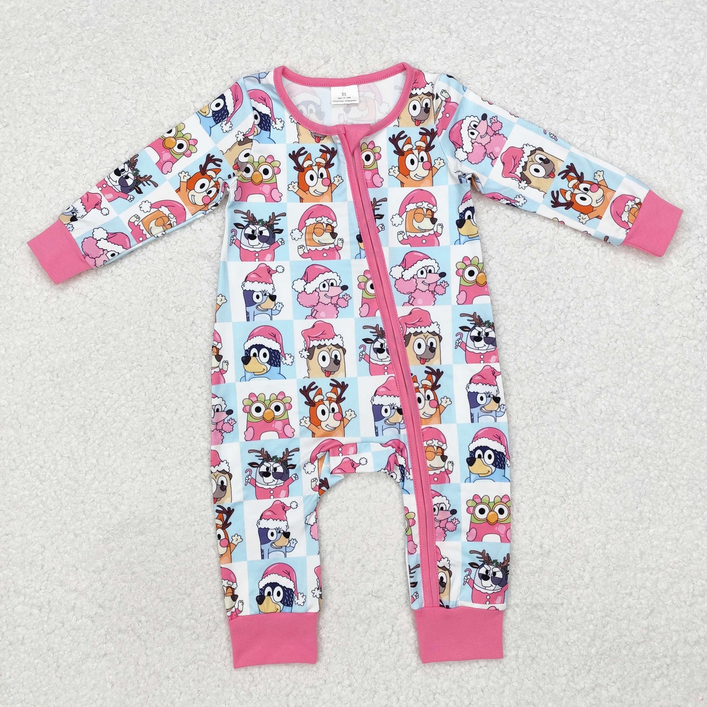 LR1783 Cartoon Dog Pink Print Baby Girls Christmas Sleeper Zipper Romper